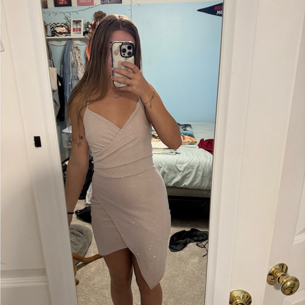 Honey and Rosie Tan Asymmetrical Ruched Bodycon Dress